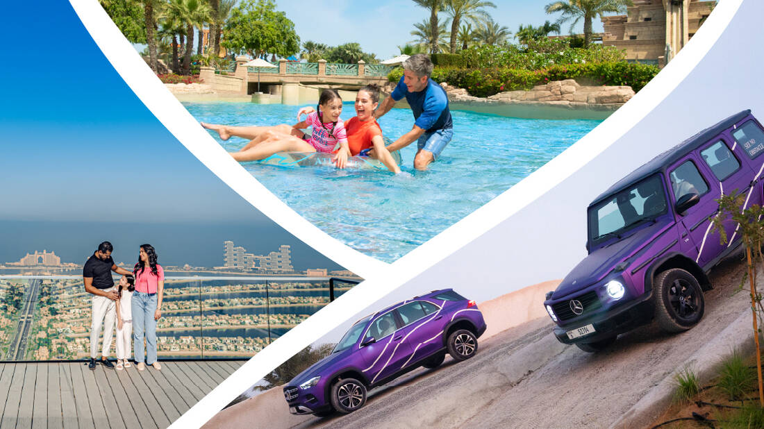 An image of a couple at The View, a family at Atlantis Aquaventure and the Mercedes Experience