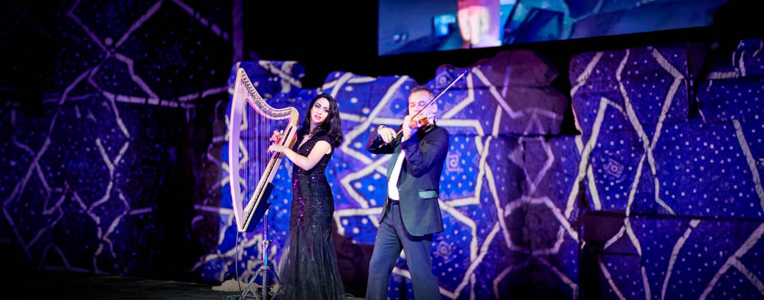 A man playing the violin and a lady playing the harp at an event