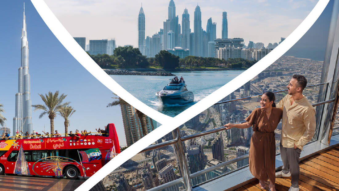 Images of the City Sightseeing tour bus, a yacht in the Creek, and a couple At The Top of Burj Khalifa