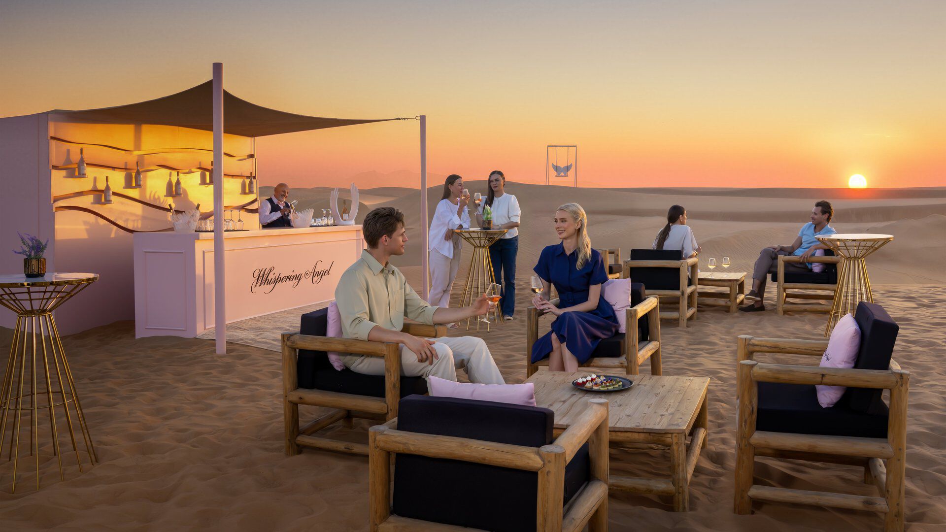People seated at the Whispering Angel bar by the sunset photo stop