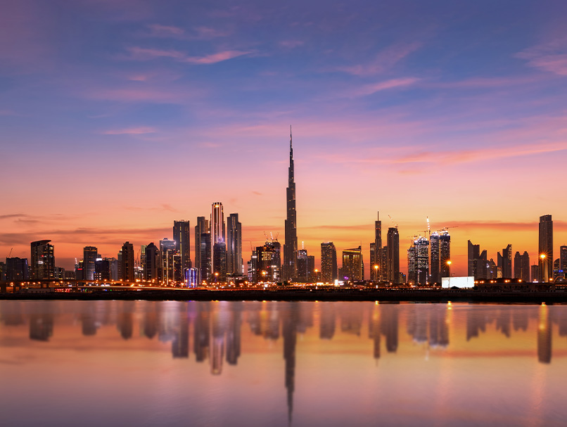 The Dubai skyline at sunset